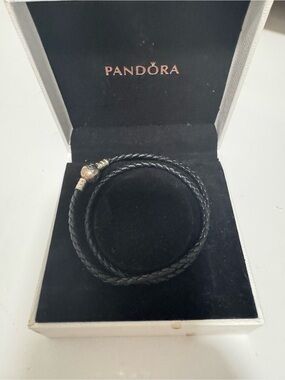 Pandora Black Braided Leather Double Wrap Bracelet with Silver Clasp